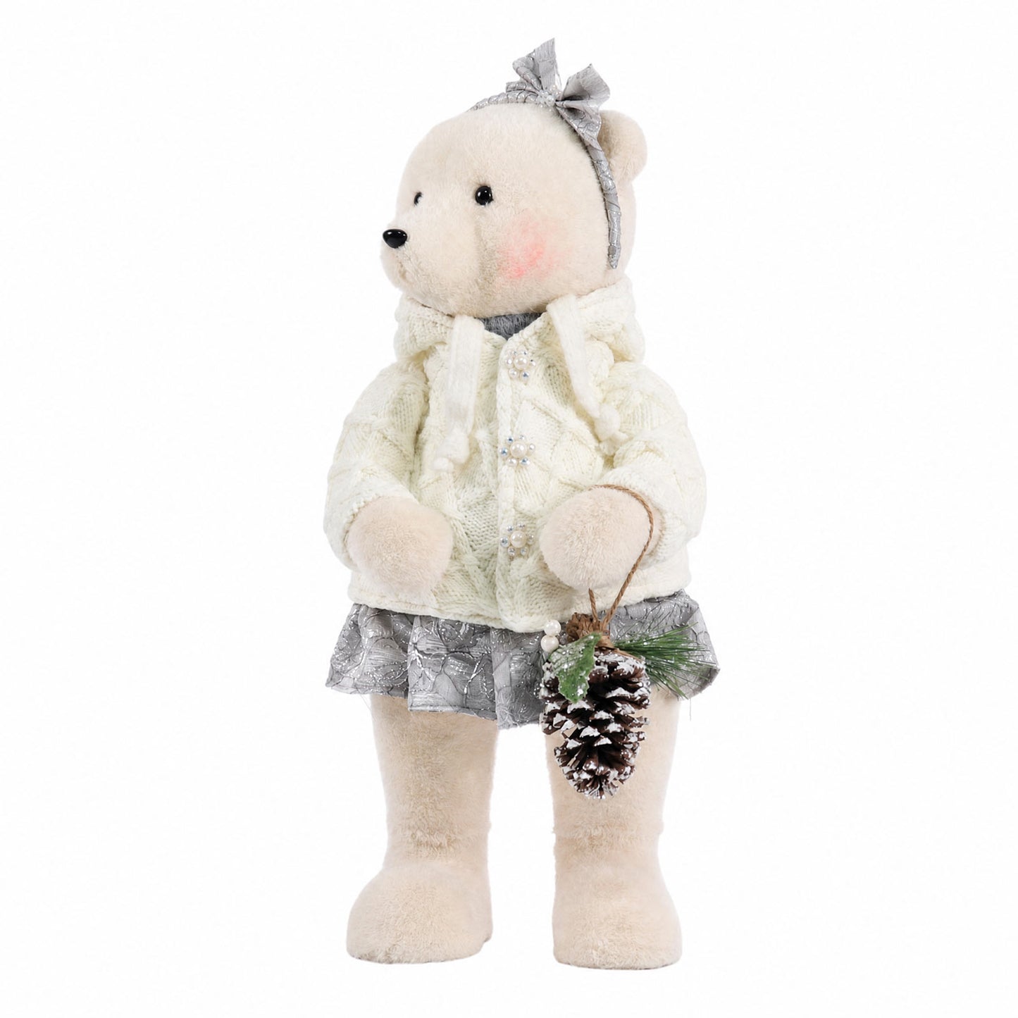 Girl Plush Teddy Bear Christmas Figurine, 28" Tall, White Knit Jacket & Silver Brocade Skirt - Frees