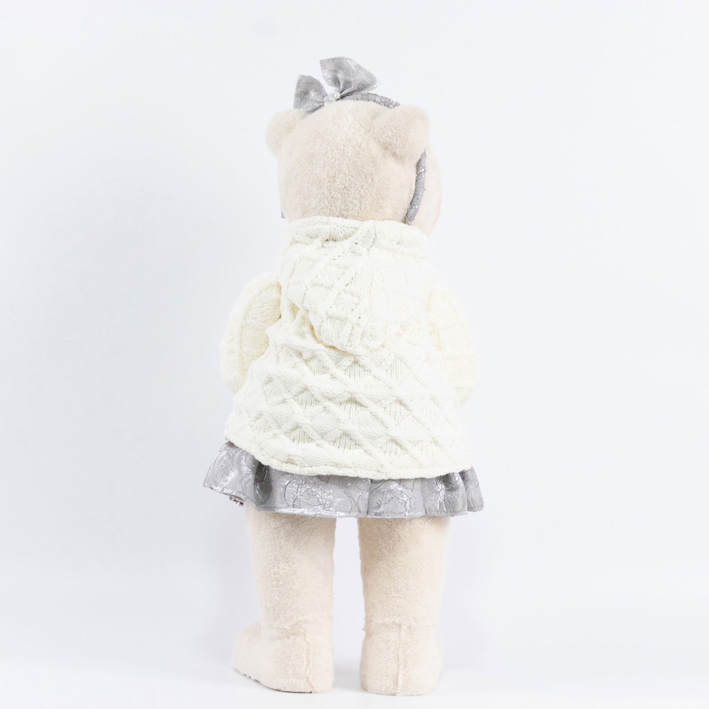 Girl Plush Teddy Bear Christmas Figurine, 28" Tall, White Knit Jacket & Silver Brocade Skirt - Frees