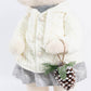 Girl Plush Teddy Bear Christmas Figurine, 28" Tall, White Knit Jacket & Silver Brocade Skirt - Frees