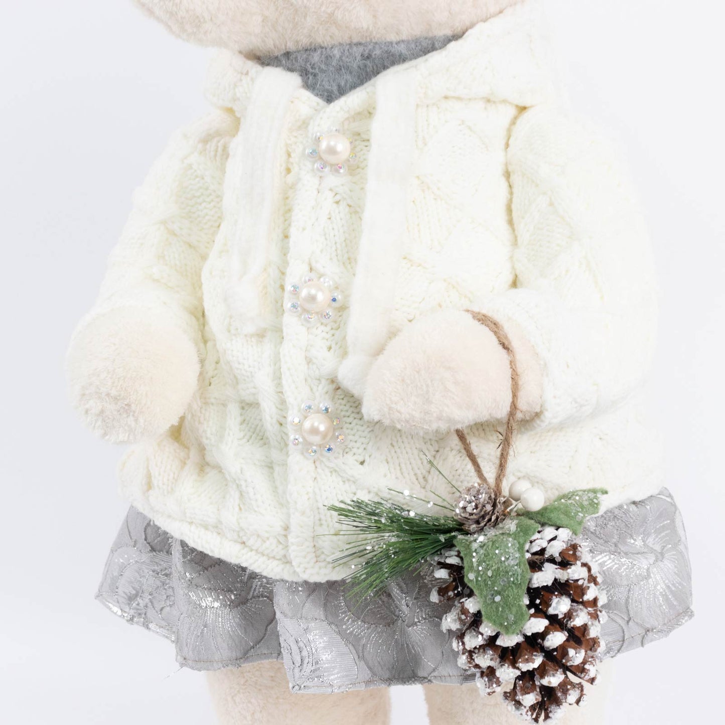 Girl Plush Teddy Bear Christmas Figurine, 28" Tall, White Knit Jacket & Silver Brocade Skirt - Frees