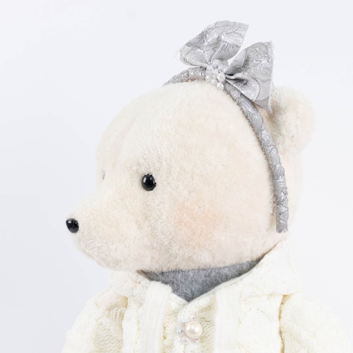 Girl Plush Teddy Bear Christmas Figurine, 28" Tall, White Knit Jacket & Silver Brocade Skirt - Frees