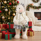 Girl Plush Teddy Bear Christmas Figurine, 28" Tall, White Knit Jacket & Silver Brocade Skirt - Frees