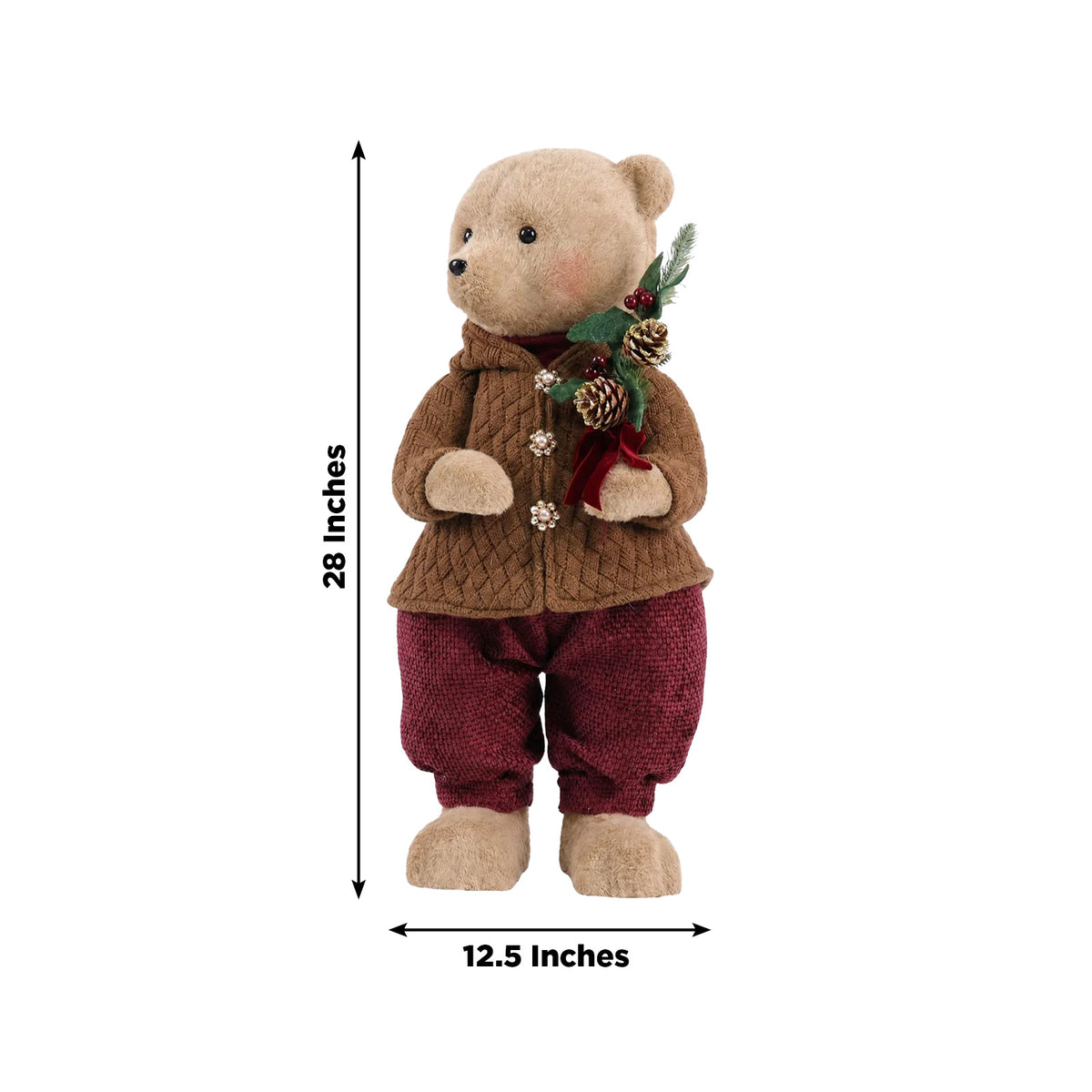 Boy Plush Teddy Bear Christmas Figurine, 28" Tall, Brown Knit Jacket & Red Knit Pants - Freestanding