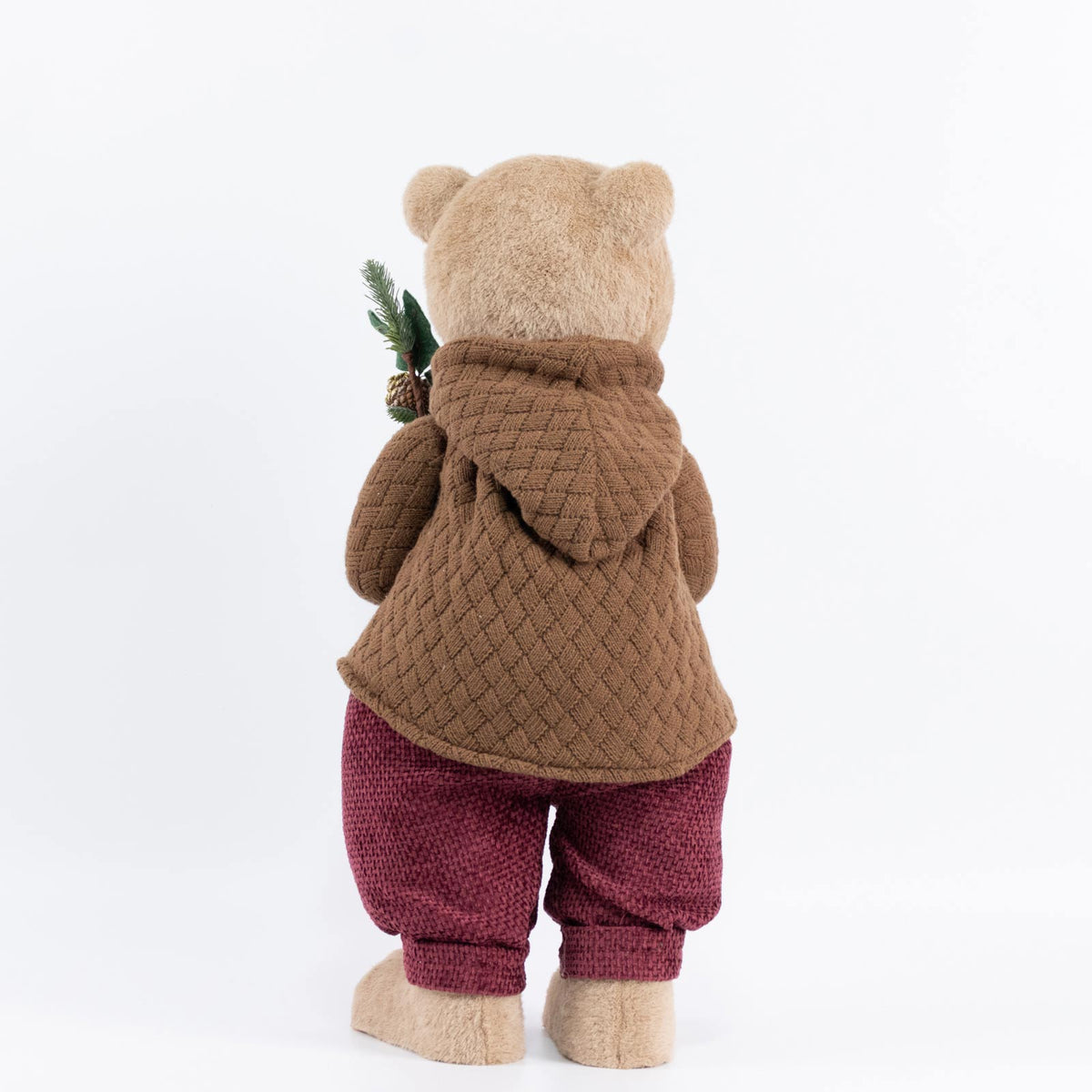 Boy Plush Teddy Bear Christmas Figurine, 28" Tall, Brown Knit Jacket & Red Knit Pants - Freestanding
