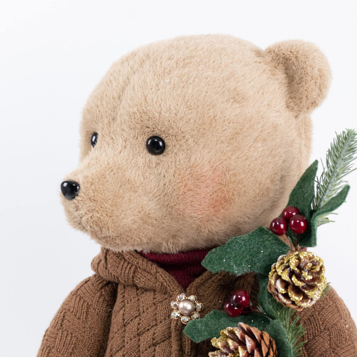 Boy Plush Teddy Bear Christmas Figurine, 28" Tall, Brown Knit Jacket & Red Knit Pants - Freestanding