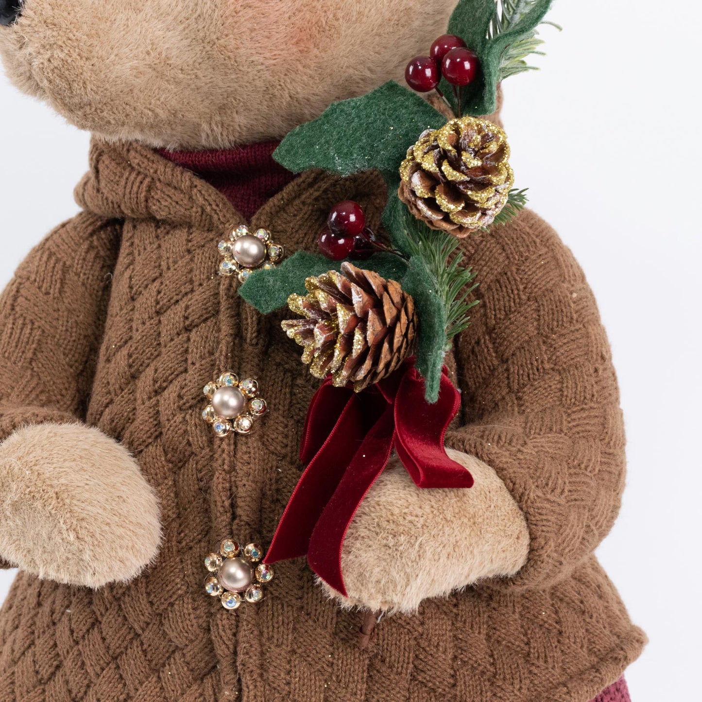 Boy Plush Teddy Bear Christmas Figurine, 28" Tall, Brown Knit Jacket & Red Knit Pants - Freestanding