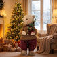 Boy Plush Teddy Bear Christmas Figurine, 28" Tall, Brown Knit Jacket & Red Knit Pants - Freestanding