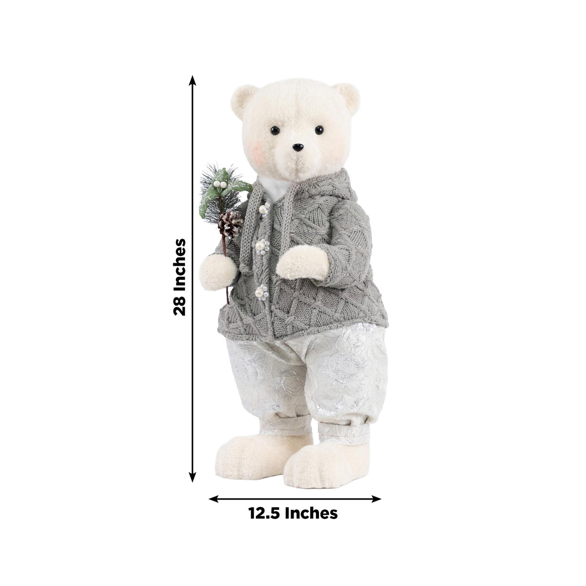 Boy Plush Teddy Bear Christmas Figurine, 28" Tall, Silver Knit Jacket & White Patterned Pants - Free