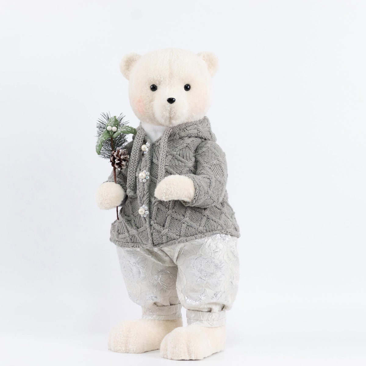 Boy Plush Teddy Bear Christmas Figurine, 28" Tall, Silver Knit Jacket & White Patterned Pants - Free