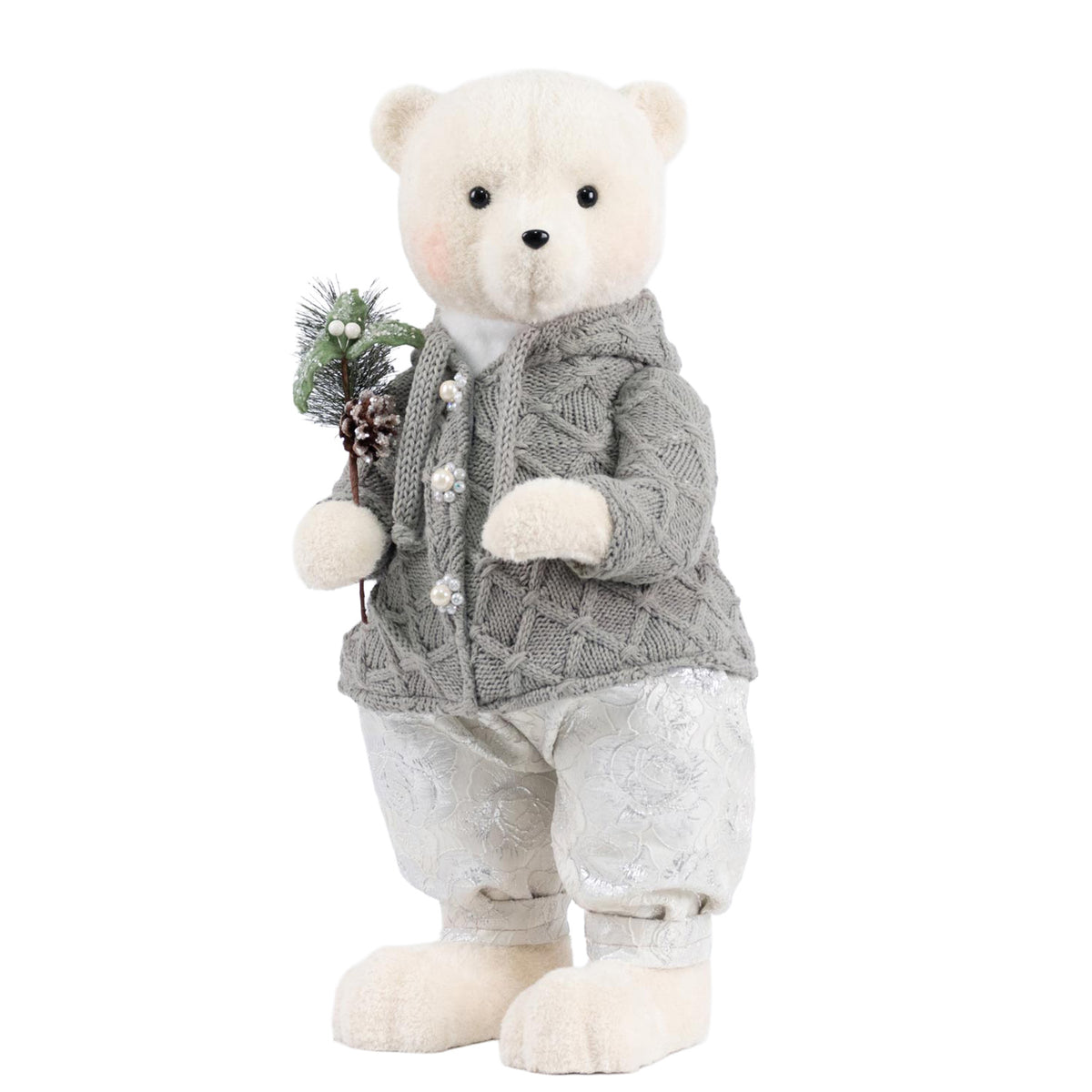 Boy Plush Teddy Bear Christmas Figurine, 28" Tall, Silver Knit Jacket & White Patterned Pants - Free