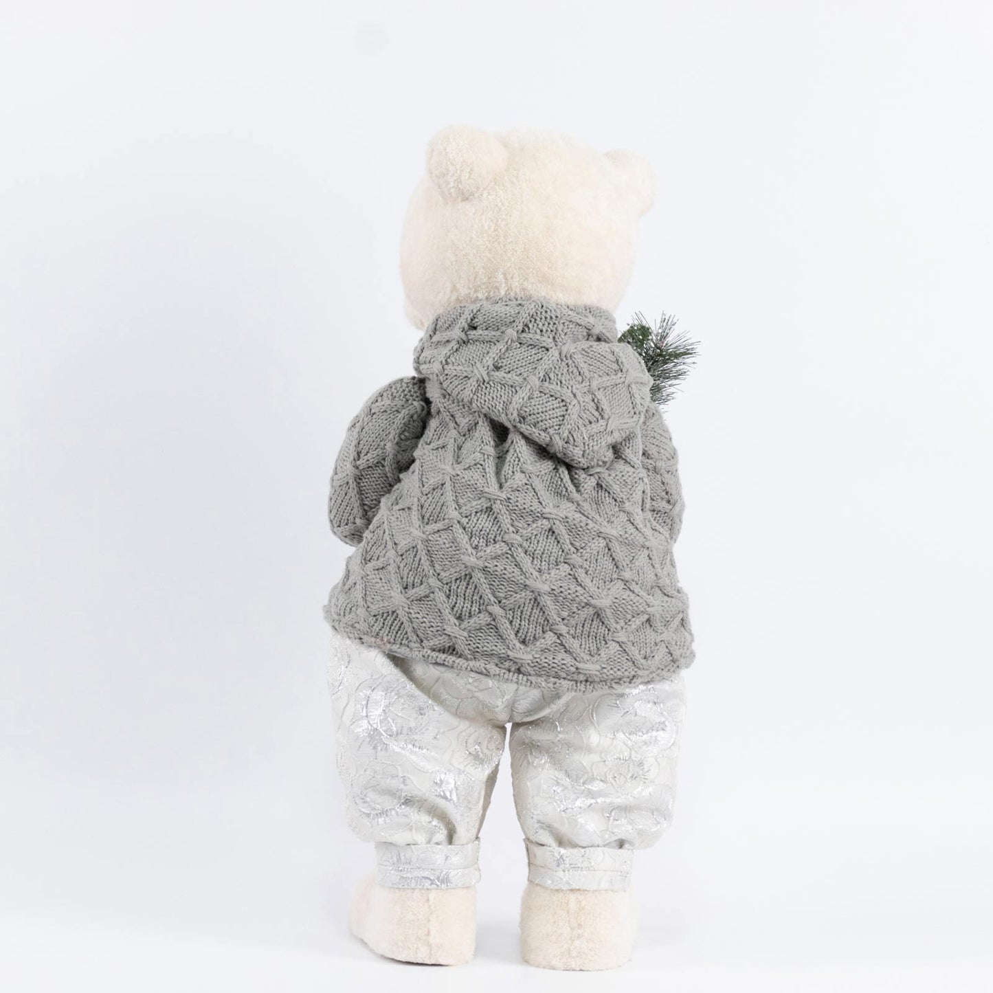 Boy Plush Teddy Bear Christmas Figurine, 28" Tall, Silver Knit Jacket & White Patterned Pants - Free