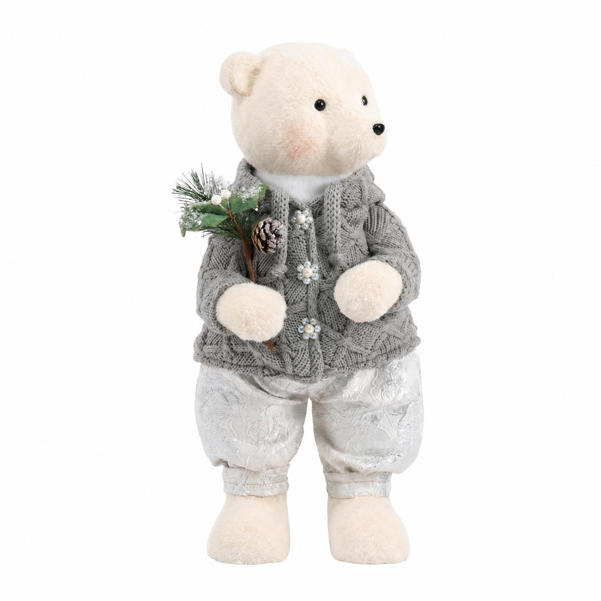 Boy Plush Teddy Bear Christmas Figurine, 28" Tall, Silver Knit Jacket & White Patterned Pants - Free