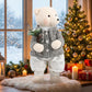 Boy Plush Teddy Bear Christmas Figurine, 28" Tall, Silver Knit Jacket & White Patterned Pants - Free