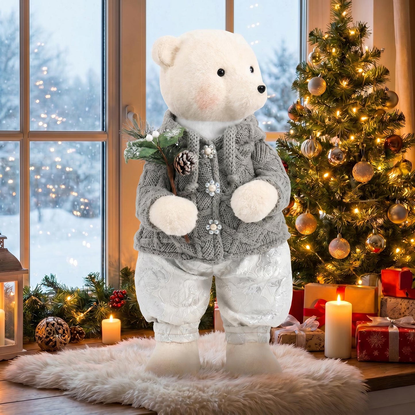 Boy Plush Teddy Bear Christmas Figurine, 28" Tall, Silver Knit Jacket & White Patterned Pants - Free