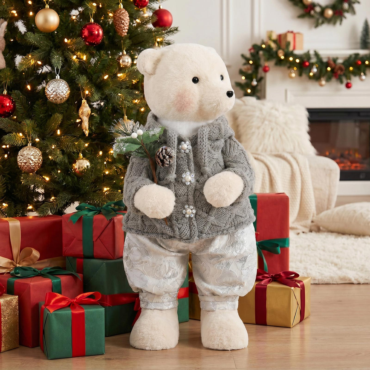 Boy Plush Teddy Bear Christmas Figurine, 28" Tall, Silver Knit Jacket & White Patterned Pants - Free