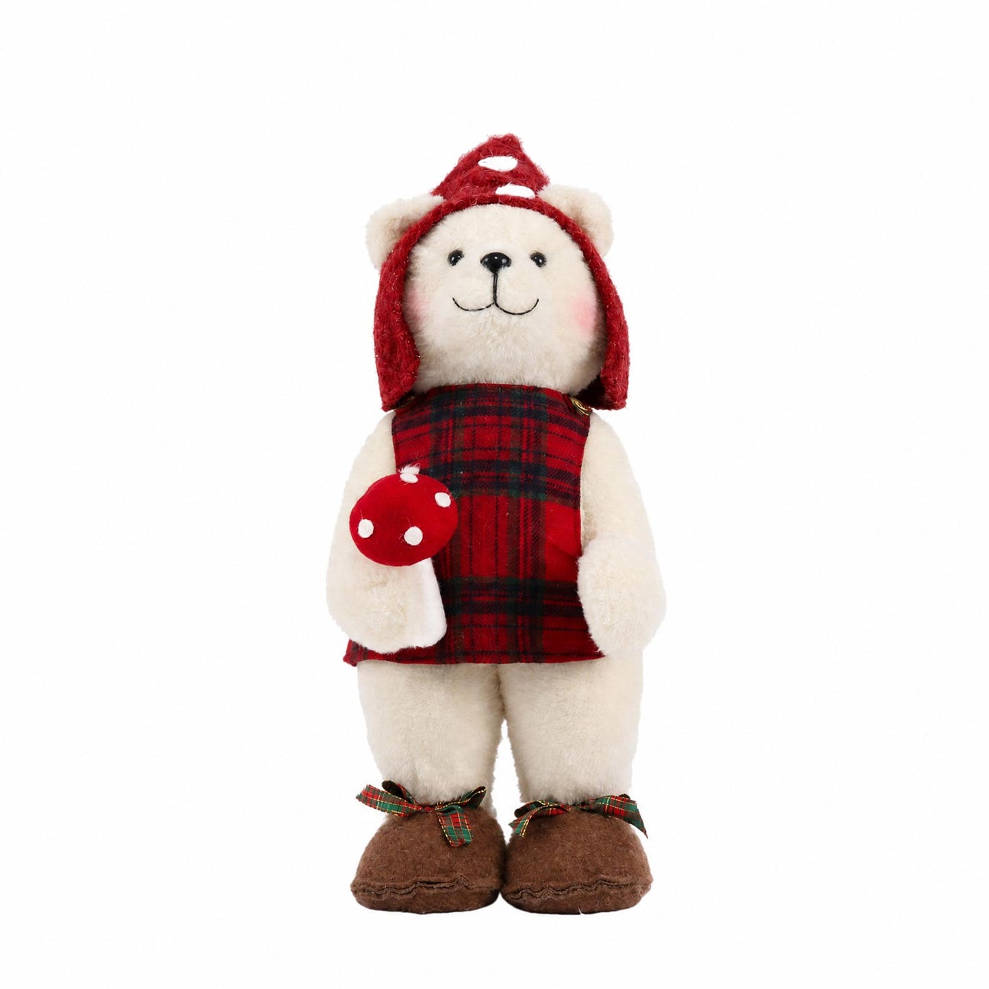 White Plush Teddy Bear Gnome Christmas Figurine, 24" Tall, Red Plaid Outfit, Holding Mushroom - Free