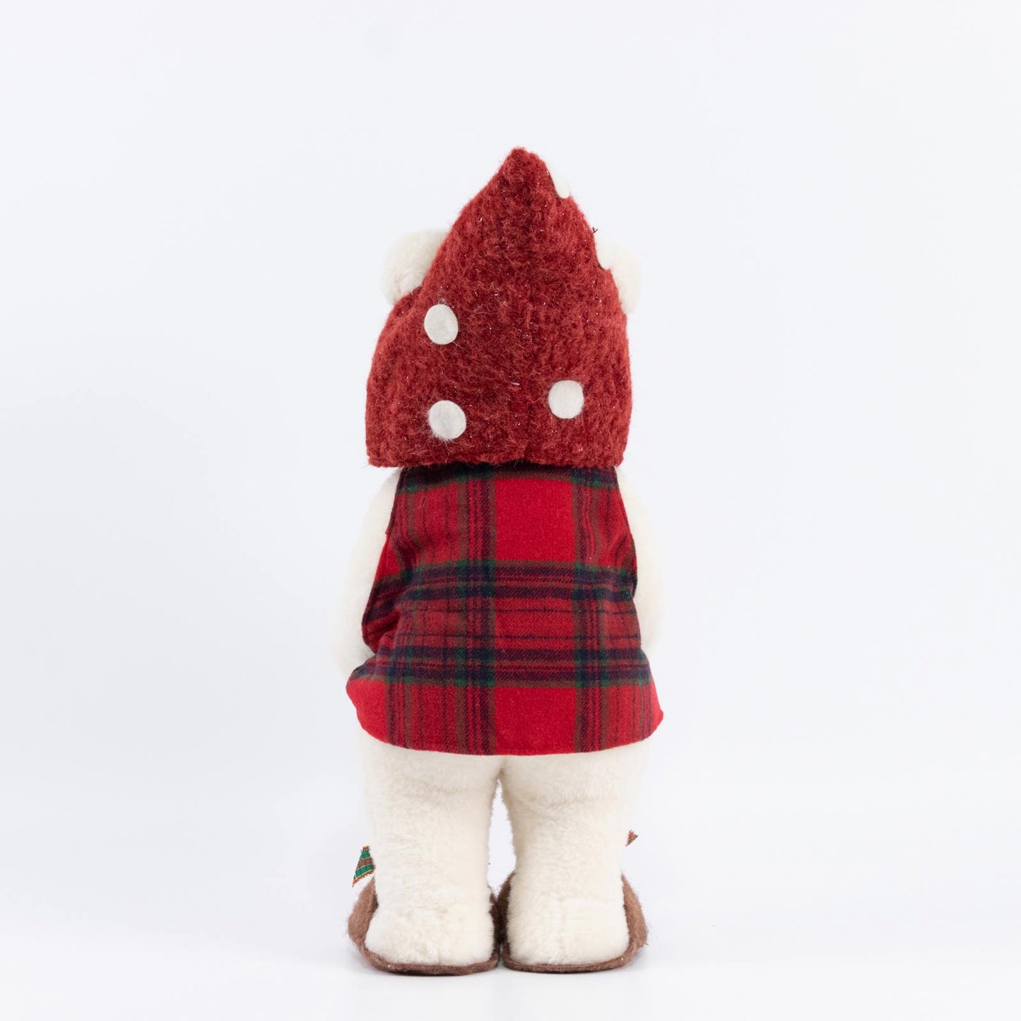 White Plush Teddy Bear Gnome Christmas Figurine, 24" Tall, Red Plaid Outfit, Holding Mushroom - Free