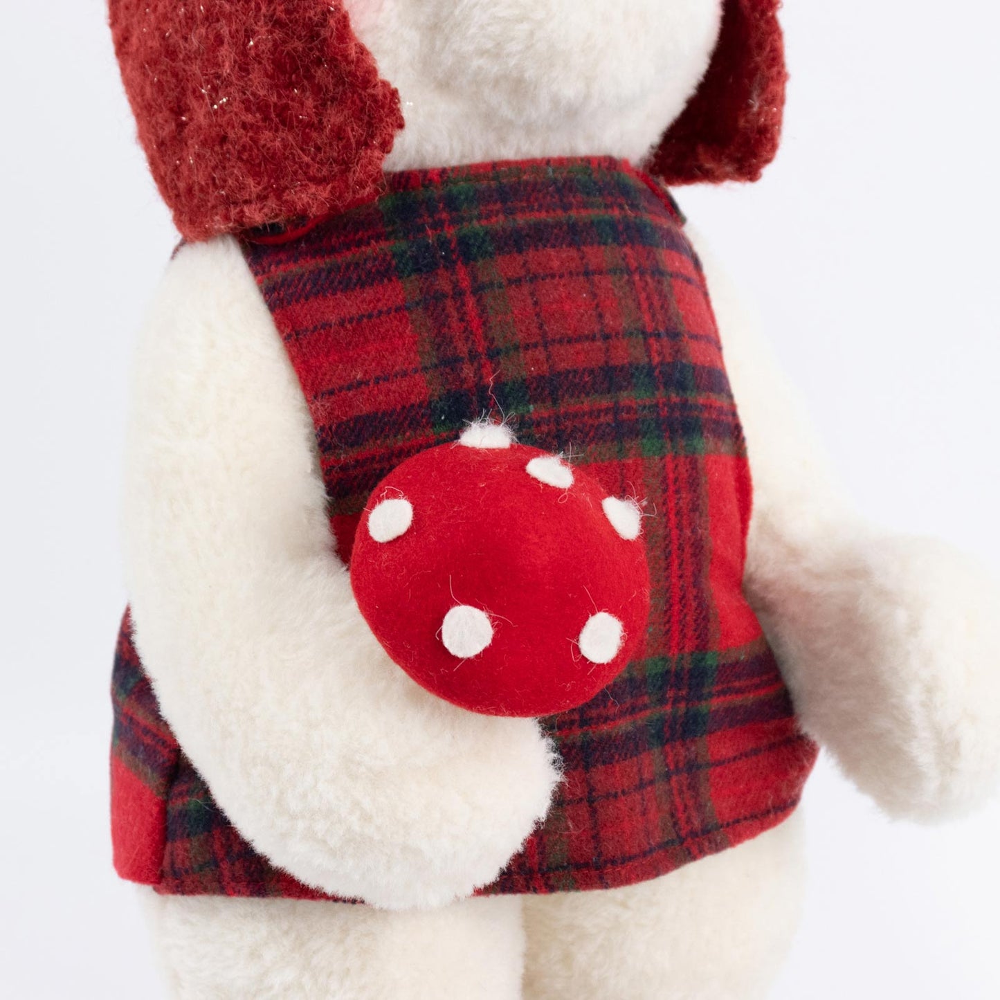 White Plush Teddy Bear Gnome Christmas Figurine, 24" Tall, Red Plaid Outfit, Holding Mushroom - Free