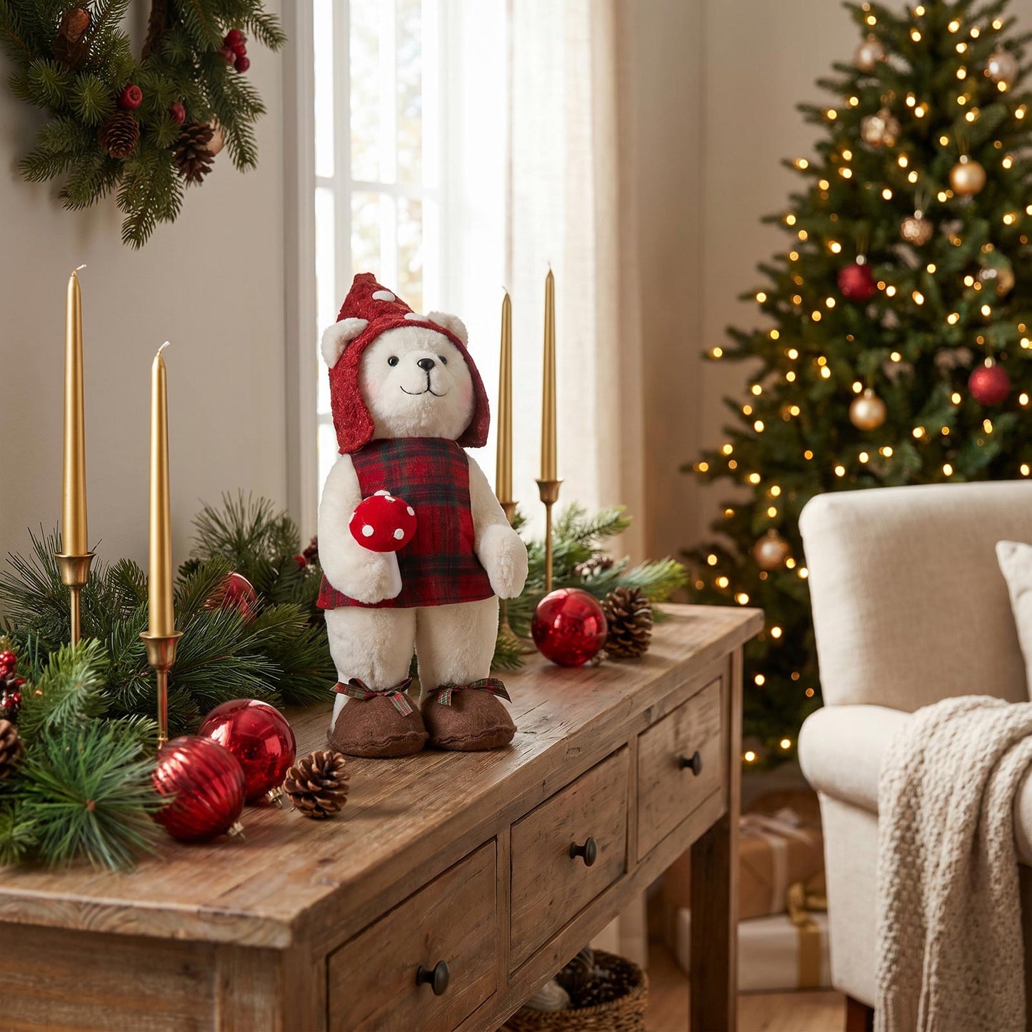 White Plush Teddy Bear Gnome Christmas Figurine, 24" Tall, Red Plaid Outfit, Holding Mushroom - Free