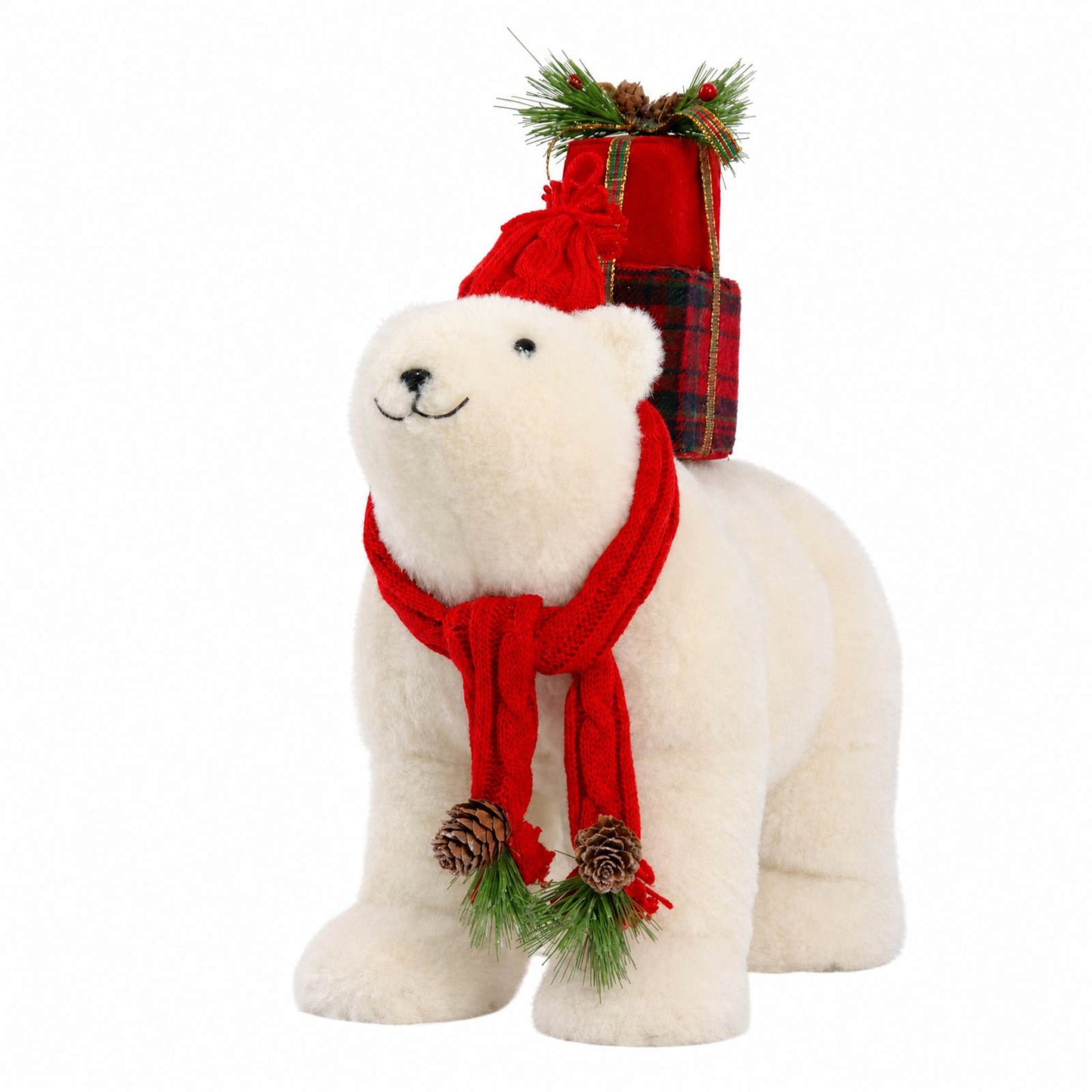 Plush Polar Bear Christmas Figurine, 16" Tall, Red Knit Hat & Scarf, Carrying Gift Boxes - Freestand