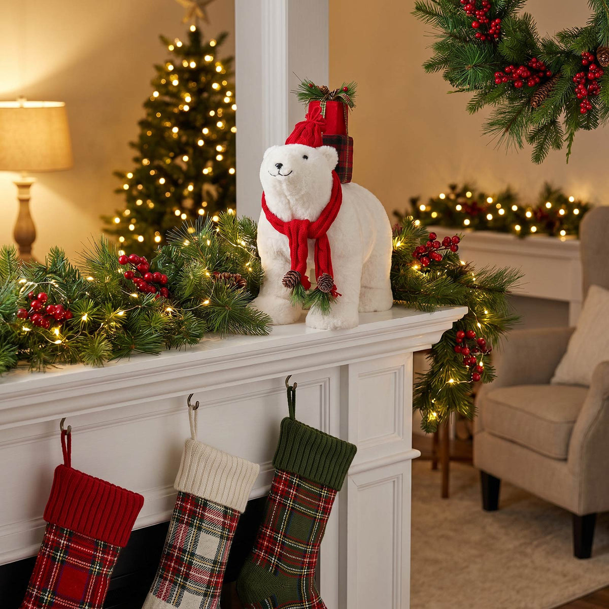 Plush Polar Bear Christmas Figurine, 16" Tall, Red Knit Hat & Scarf, Carrying Gift Boxes - Freestand