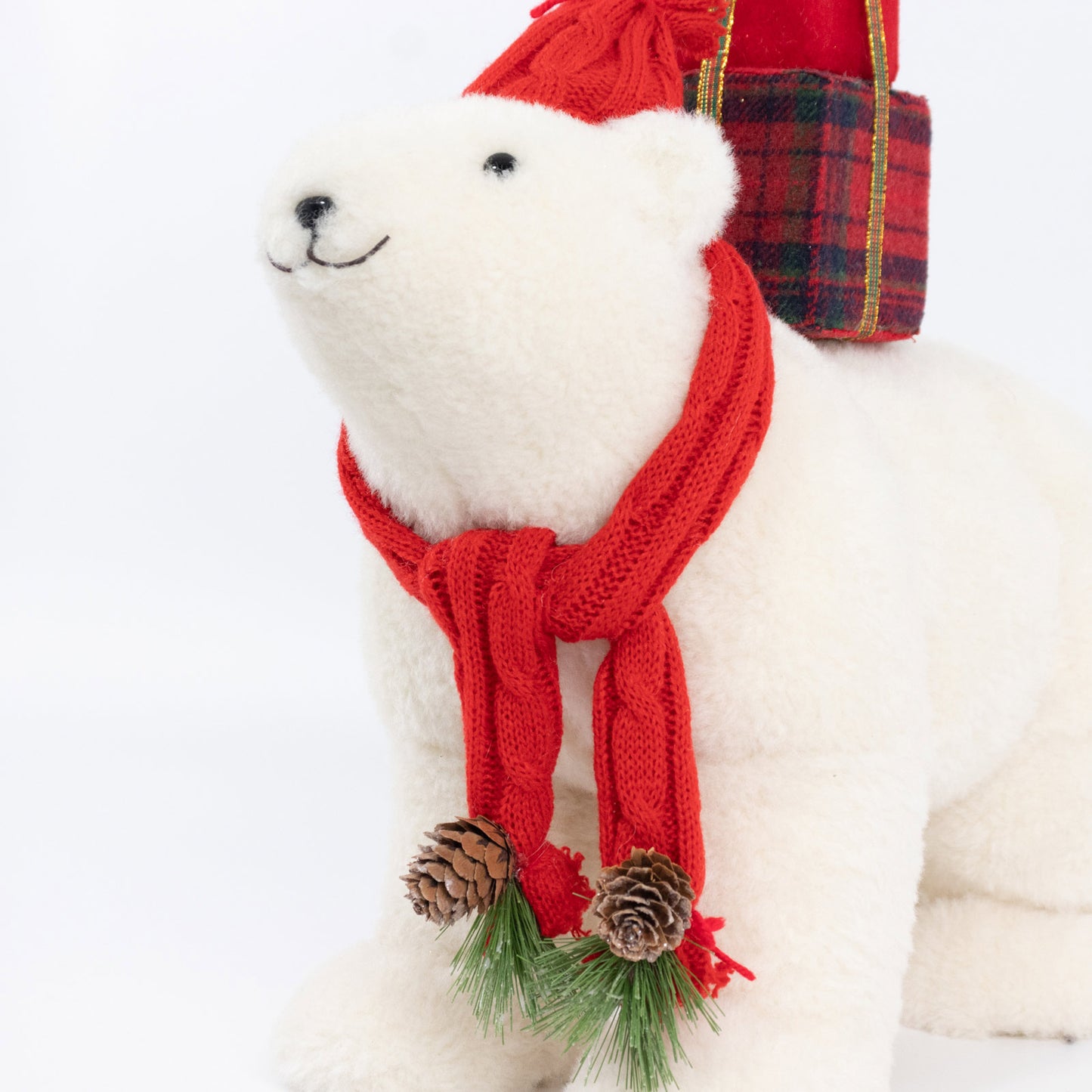 Plush Polar Bear Christmas Figurine, 16" Tall, Red Knit Hat & Scarf, Carrying Gift Boxes - Freestand