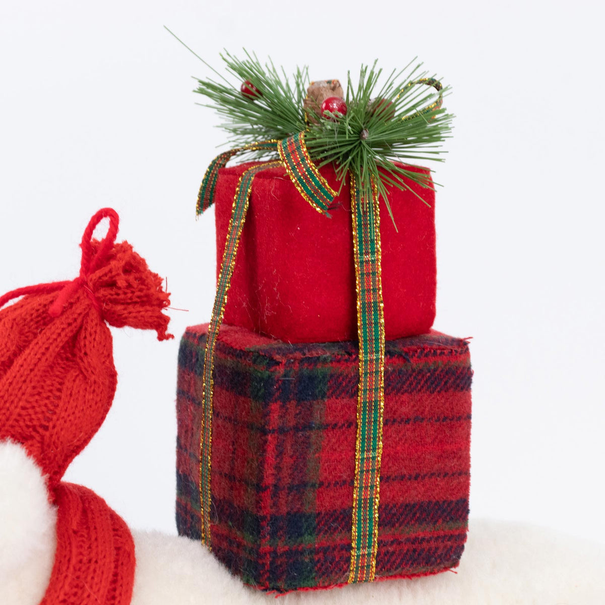 Plush Polar Bear Christmas Figurine, 16" Tall, Red Knit Hat & Scarf, Carrying Gift Boxes - Freestand
