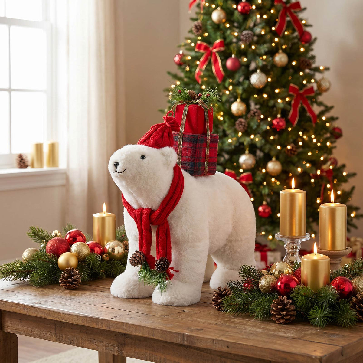 Plush Polar Bear Christmas Figurine, 16" Tall, Red Knit Hat & Scarf, Carrying Gift Boxes - Freestand