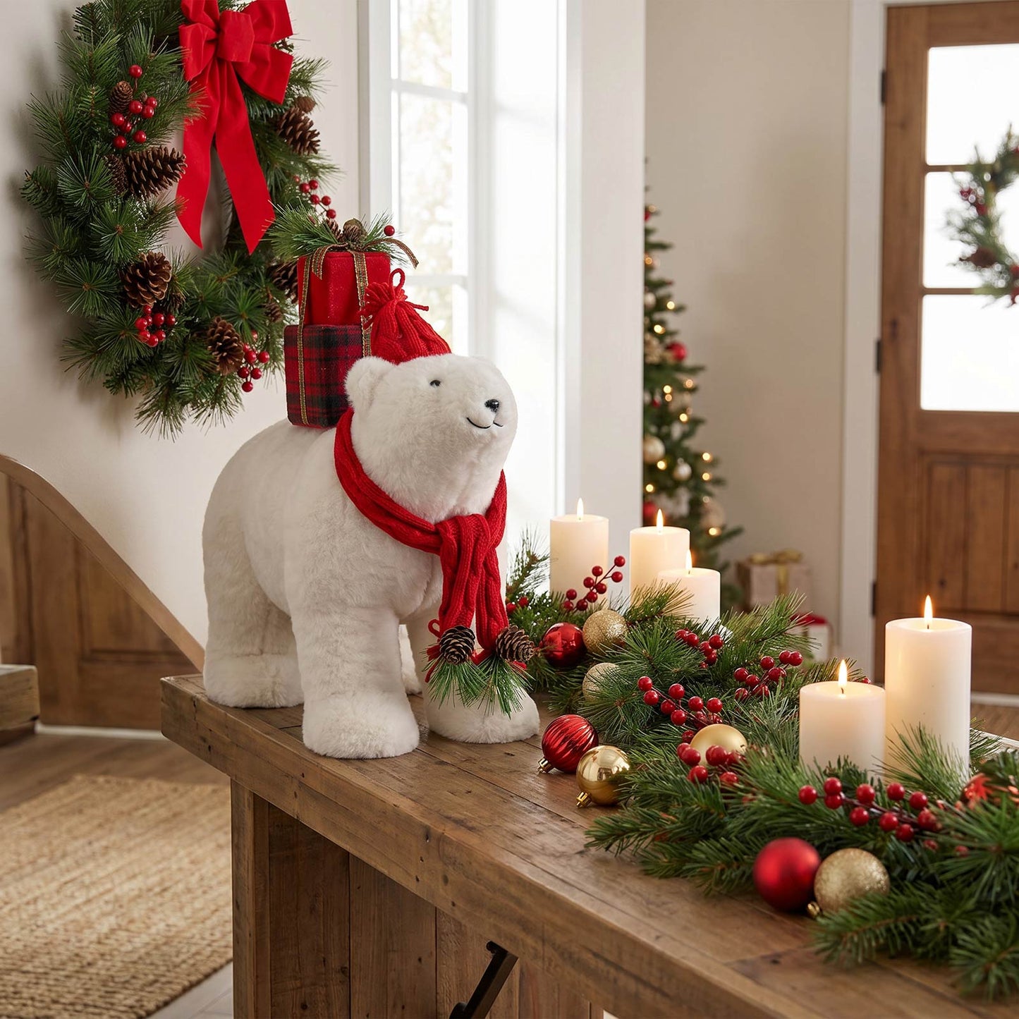 Plush Polar Bear Christmas Figurine, 16" Tall, Red Knit Hat & Scarf, Carrying Gift Boxes - Freestand