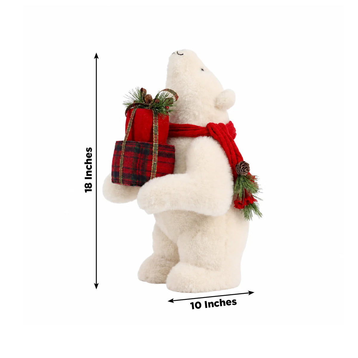 Plush Polar Bear Christmas Figurine, 18" Tall, Red Scarf, Holding Gift Box - Freestanding Holiday De