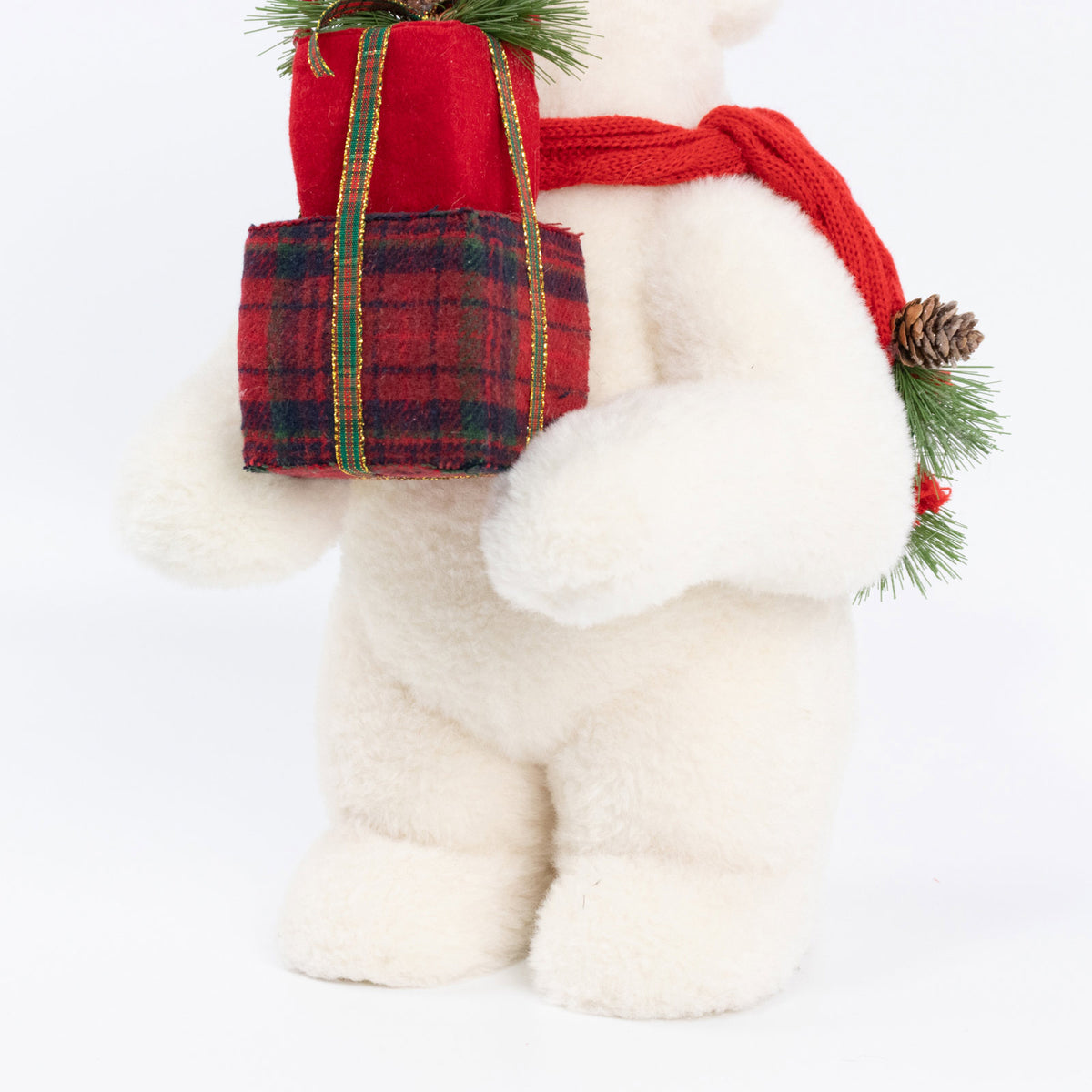 Plush Polar Bear Christmas Figurine, 18" Tall, Red Scarf, Holding Gift Box - Freestanding Holiday De