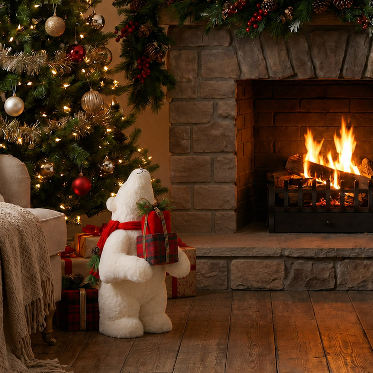Plush Polar Bear Christmas Figurine, 18" Tall, Red Scarf, Holding Gift Box - Freestanding Holiday De