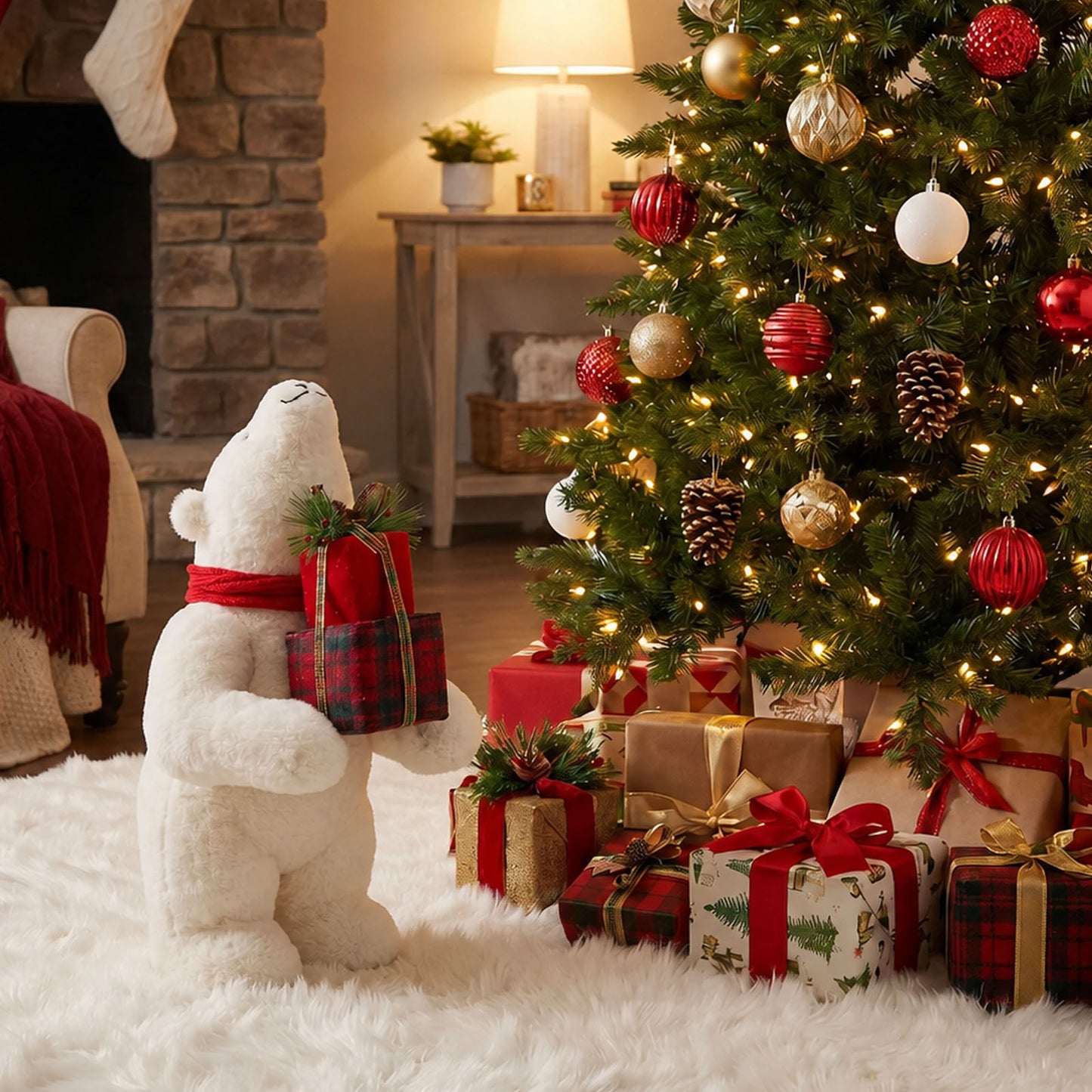 Plush Polar Bear Christmas Figurine, 18" Tall, Red Scarf, Holding Gift Box - Freestanding Holiday De