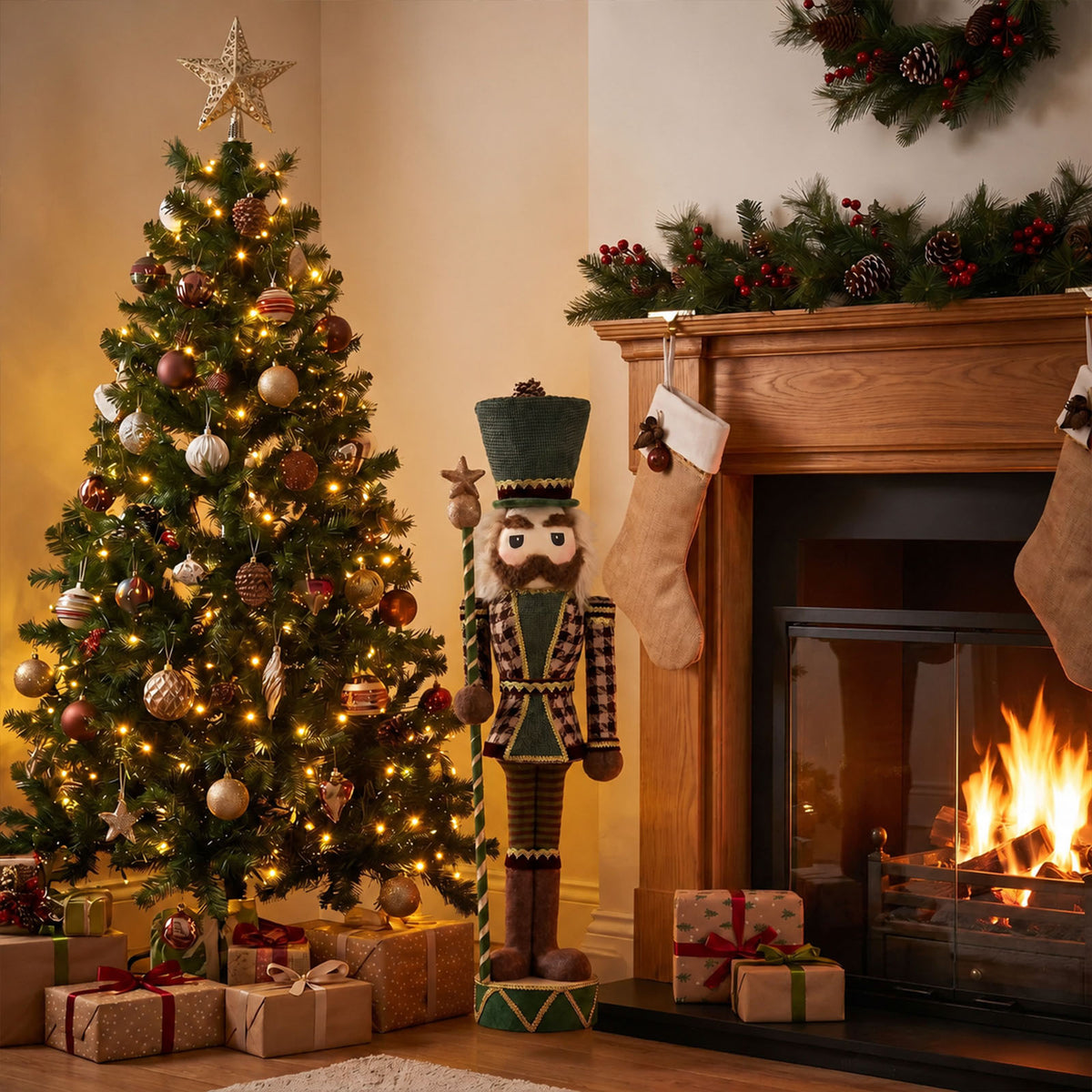 Nutcracker Soldier Figurine with Green Houndstooth Jacket, Star Staff & Gold Trim - 45" Tall Freesta
