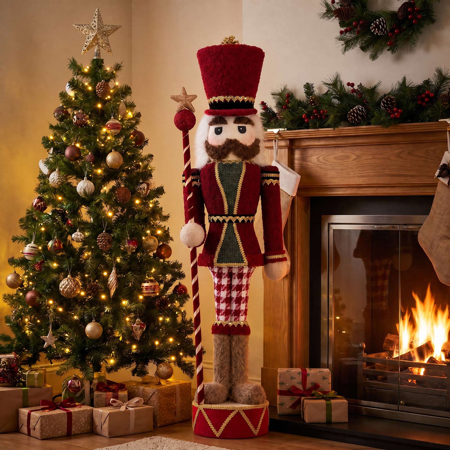 Nutcracker Soldier Figurine with Red Houndstooth Jacket & Pants, Star Staff & Gold Trim - 45" Tall F