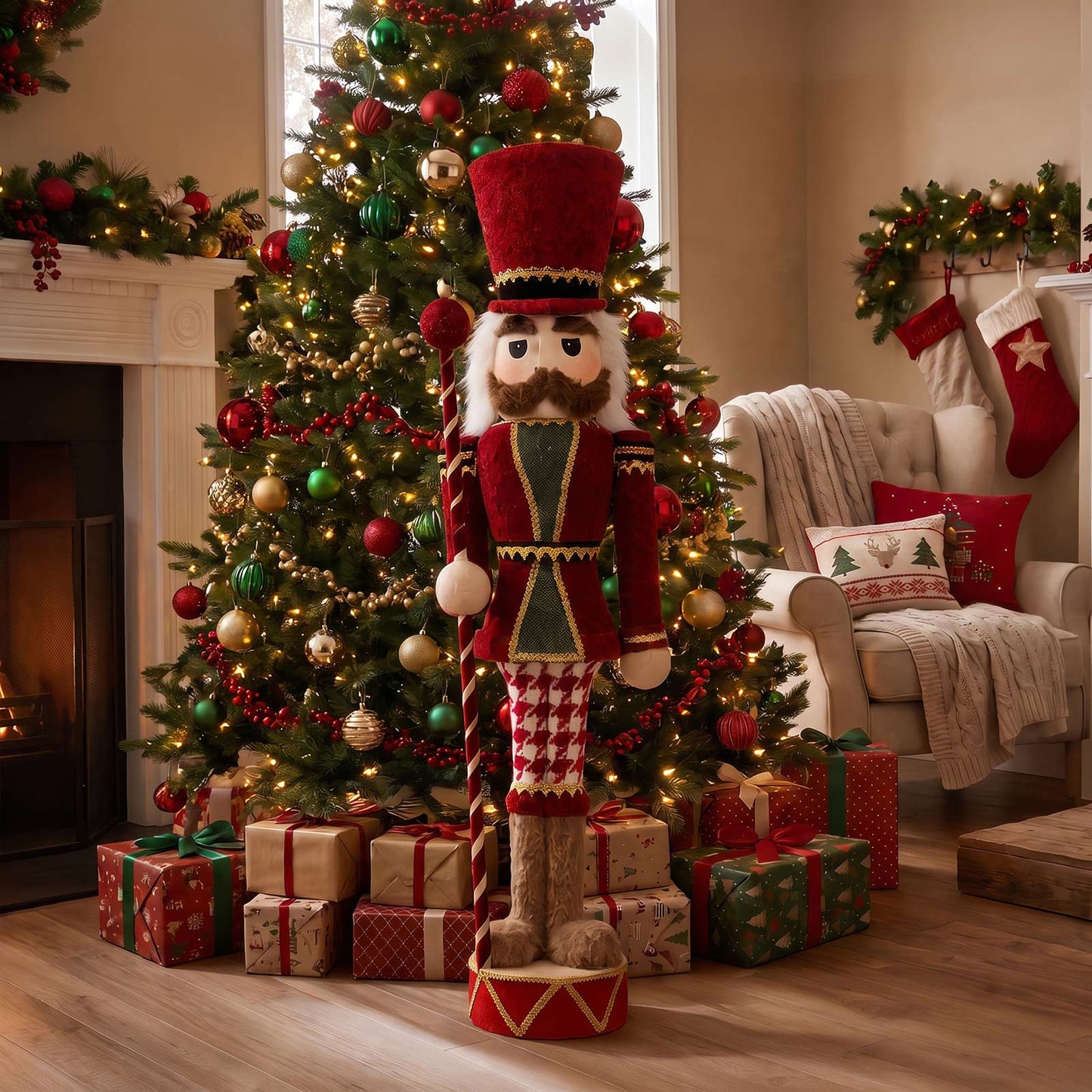 Nutcracker Soldier Figurine with Red Houndstooth Jacket & Pants, Star Staff & Gold Trim - 45" Tall F