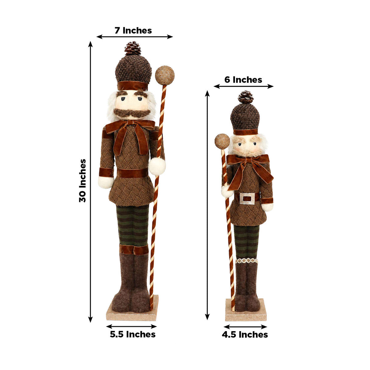 Set of 2 Big & Small Nutcracker Soldier Figurines, 30" & 25" Tall, Brown Knit Jacket & Gold Ball Sta