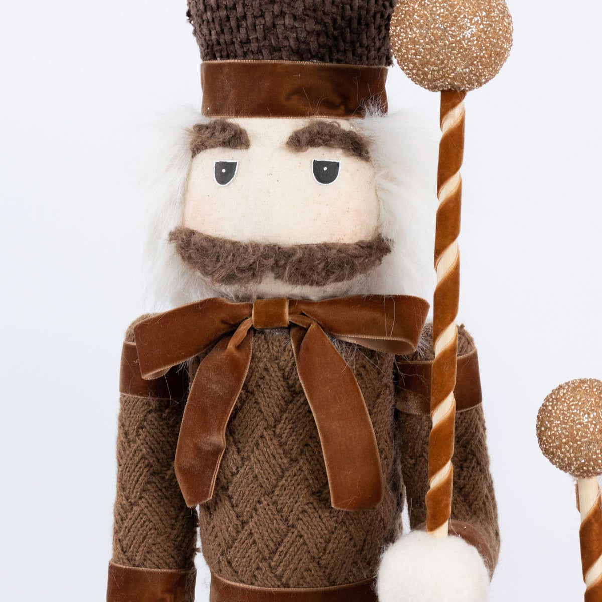 Set of 2 Big & Small Nutcracker Soldier Figurines, 30" & 25" Tall, Brown Knit Jacket & Gold Ball Sta