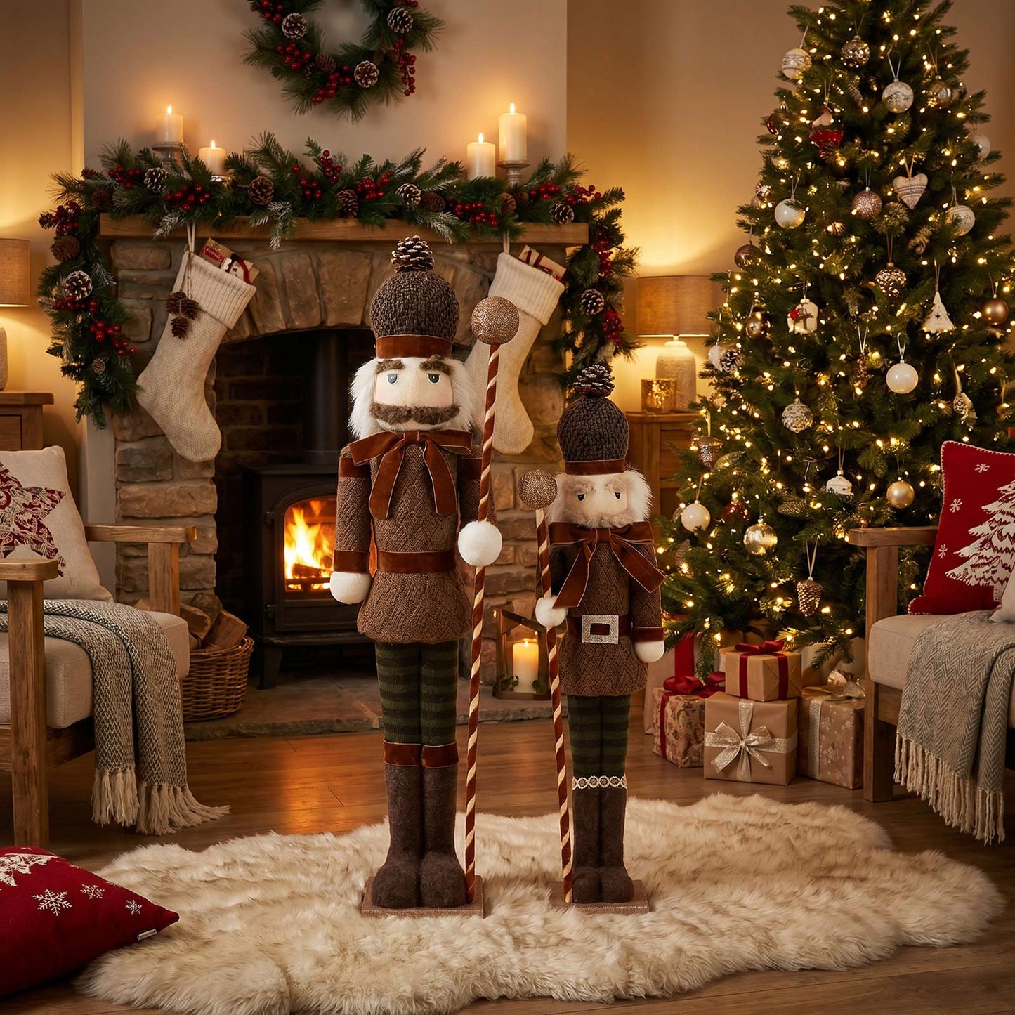 Set of 2 Big & Small Nutcracker Soldier Figurines, 30" & 25" Tall, Brown Knit Jacket & Gold Ball Sta