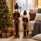 Set of 2 Big & Small Nutcracker Soldier Figurines, 30" & 25" Tall, Brown Knit Jacket & Gold Ball Sta