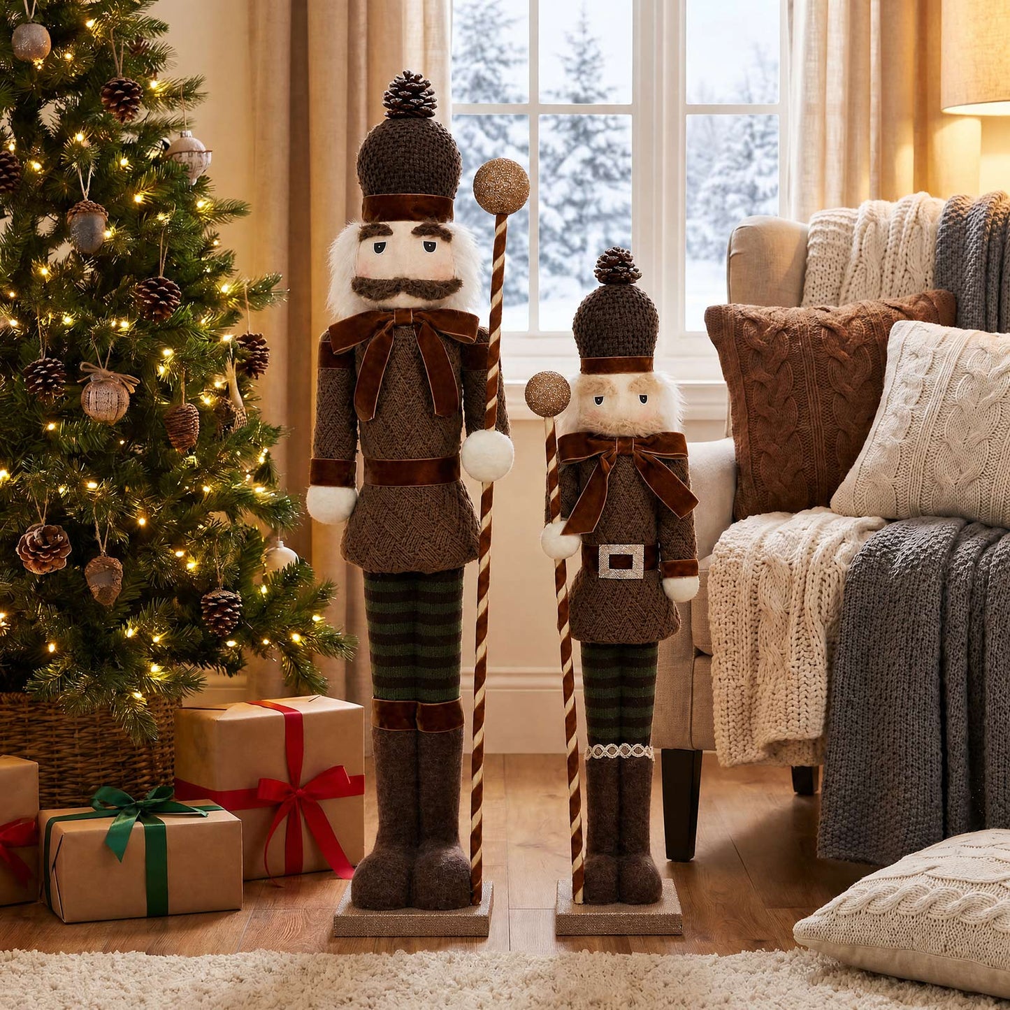 Set of 2 Big & Small Nutcracker Soldier Figurines, 30" & 25" Tall, Brown Knit Jacket & Gold Ball Sta