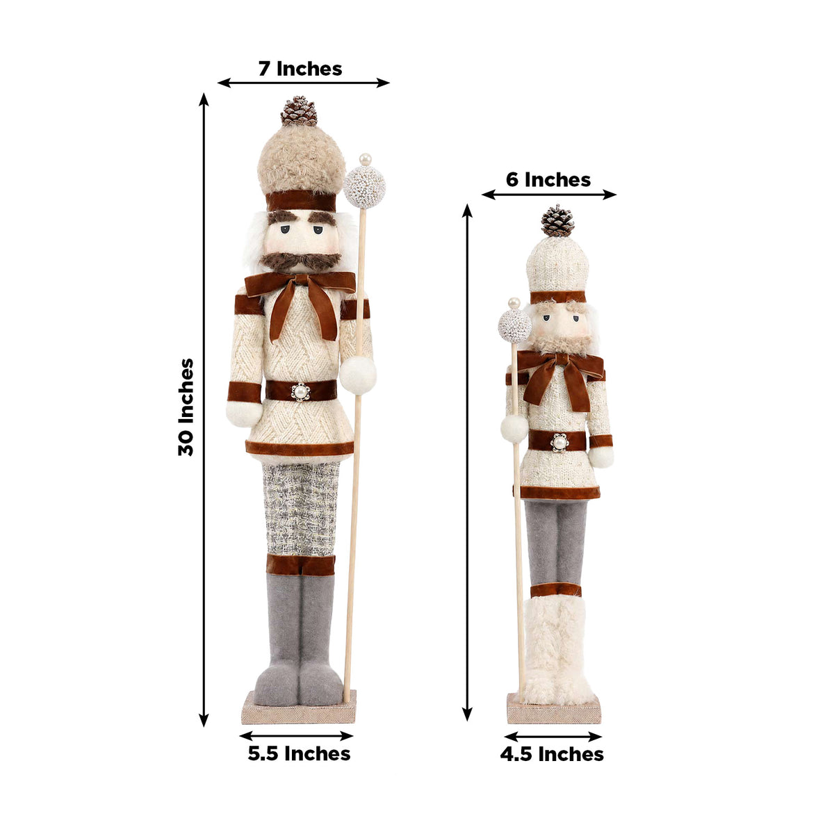 Set of 2 Big & Small Nutcracker Soldier Figurines, 30" & 25" Tall, White Knit Jacket & Pearl-Top Sta