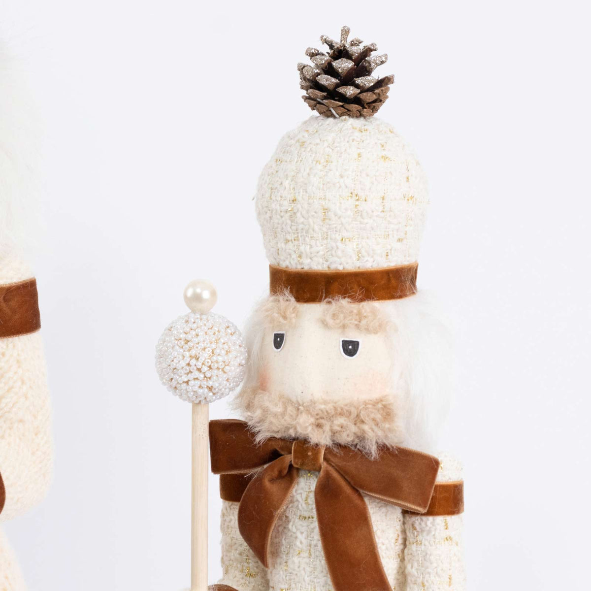 Set of 2 Big & Small Nutcracker Soldier Figurines, 30" & 25" Tall, White Knit Jacket & Pearl-Top Sta