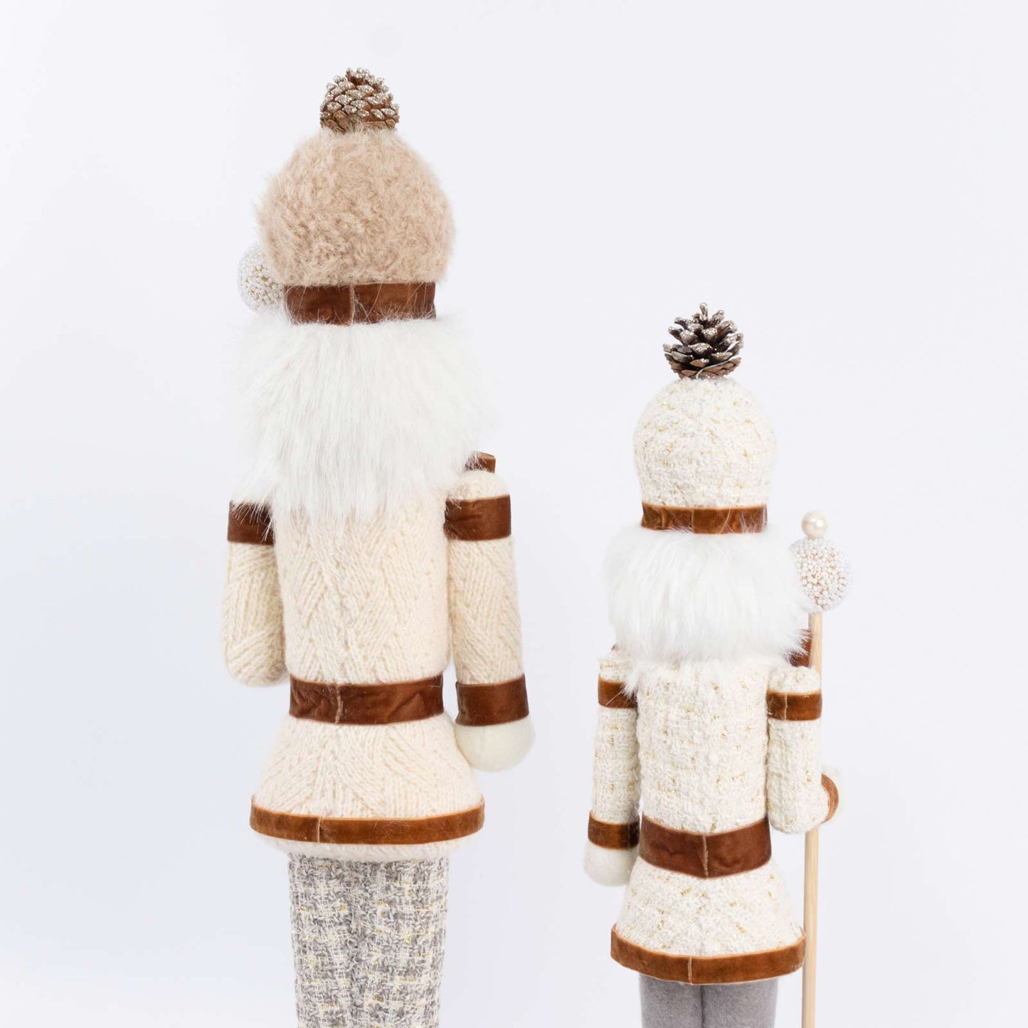 Set of 2 Big & Small Nutcracker Soldier Figurines, 30" & 25" Tall, White Knit Jacket & Pearl-Top Sta