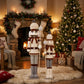 Set of 2 Big & Small Nutcracker Soldier Figurines, 30" & 25" Tall, White Knit Jacket & Pearl-Top Sta