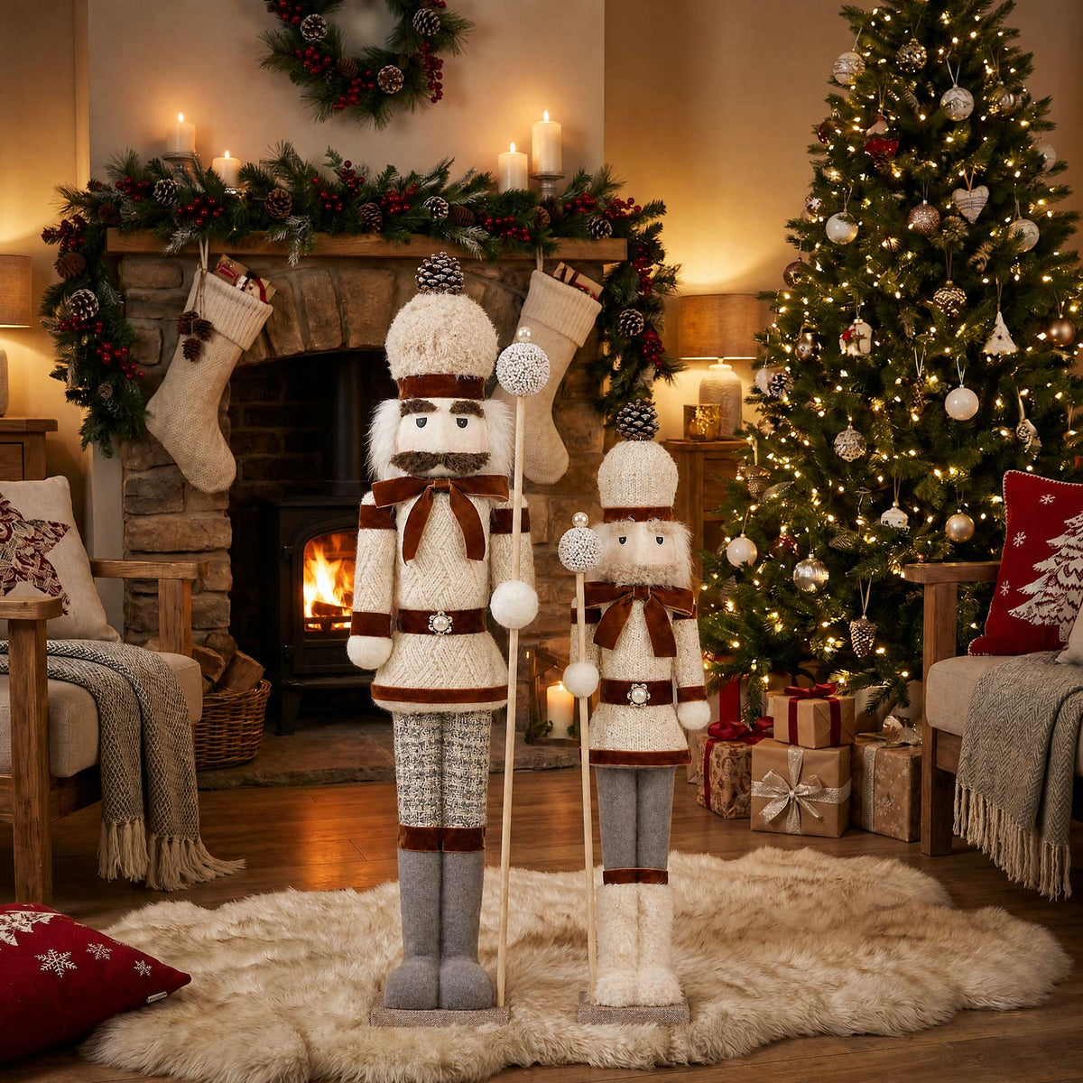 Set of 2 Big & Small Nutcracker Soldier Figurines, 30" & 25" Tall, White Knit Jacket & Pearl-Top Sta