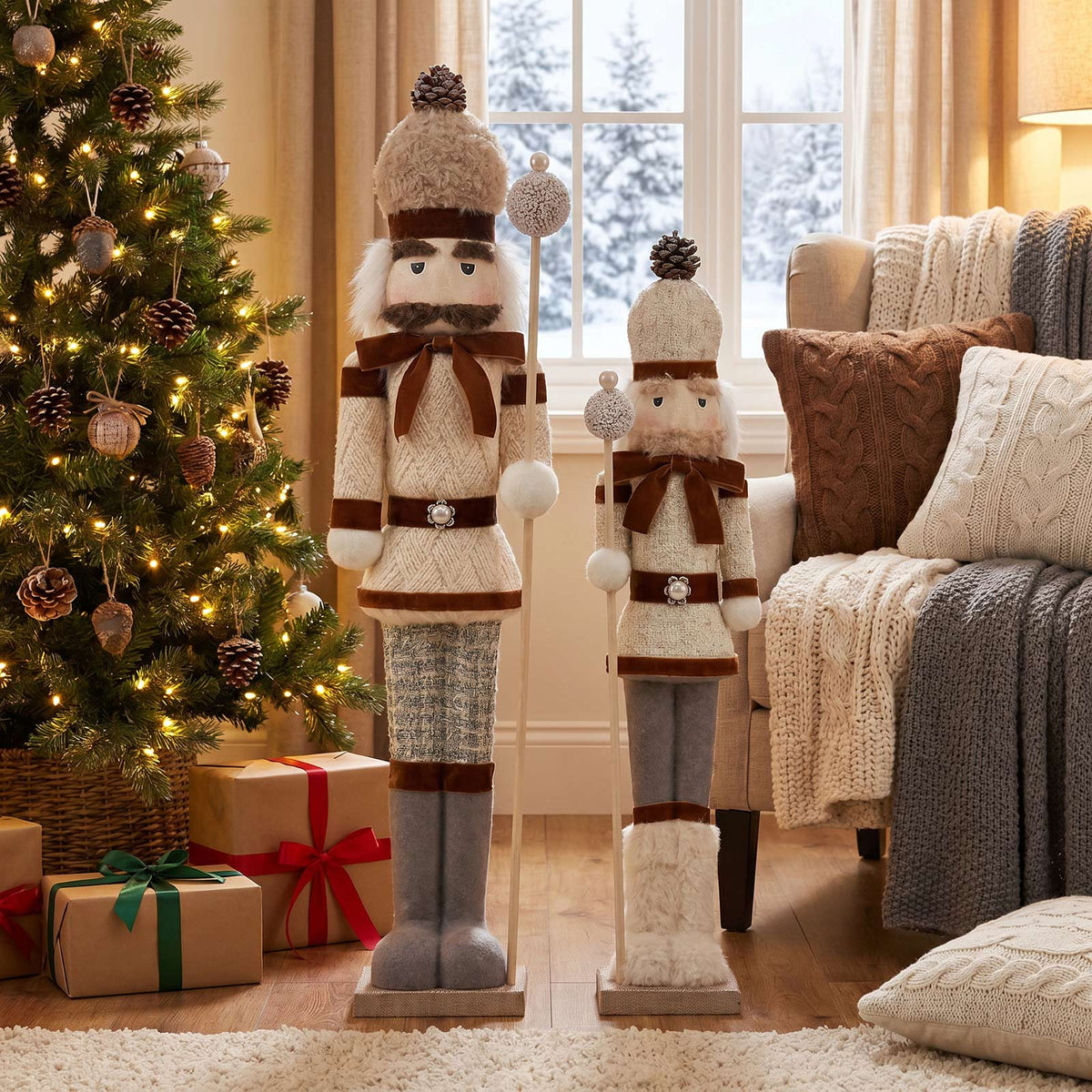 Set of 2 Big & Small Nutcracker Soldier Figurines, 30" & 25" Tall, White Knit Jacket & Pearl-Top Sta