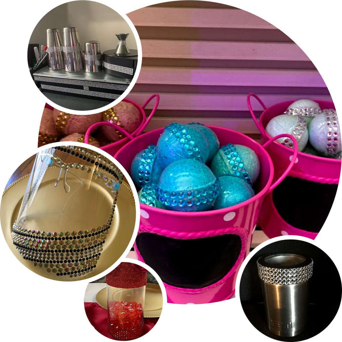 3ft gold stick-on rhinestone tape with decorative gemstones on various objects.