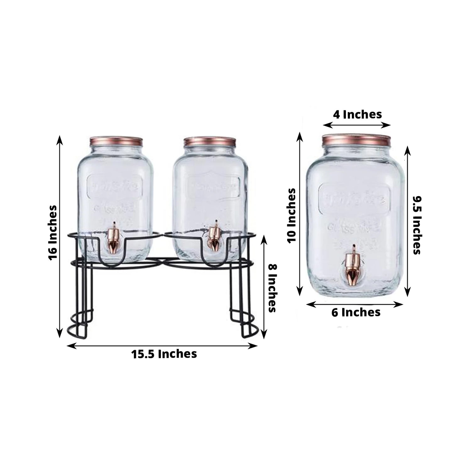 Clear glass dual gallon jars with rose gold lids on a black metal stand.