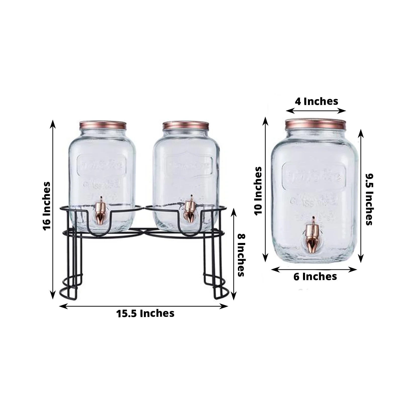 Clear glass dual gallon jars with rose gold lids on a black metal stand.
